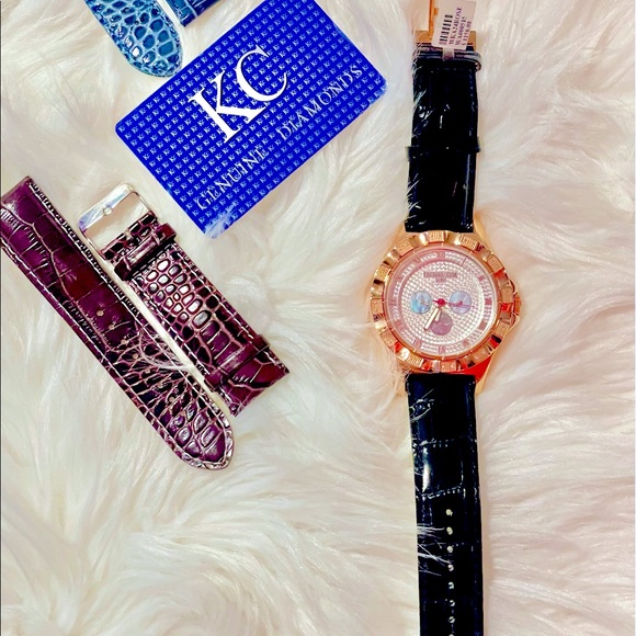 Techno Com By KC w Genuine Diamonds Mother of Pearl Dial Leather Band✨ - Picture 6 of 15